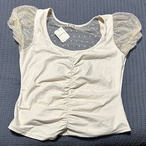 Free People Cream Ruched Blouse with Sheer Polka Dot Sleeves